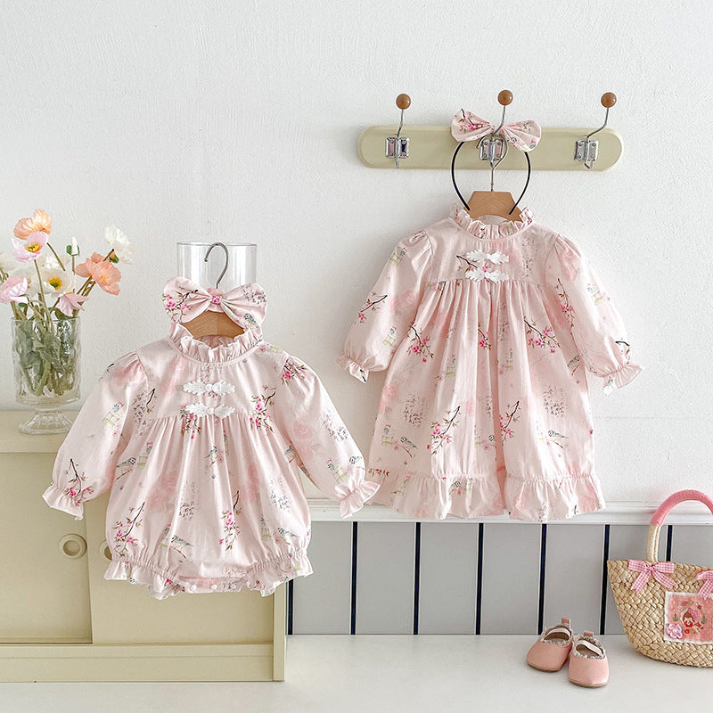 Longue manches bébé fille Triangle Rompers Retro style Tang robe