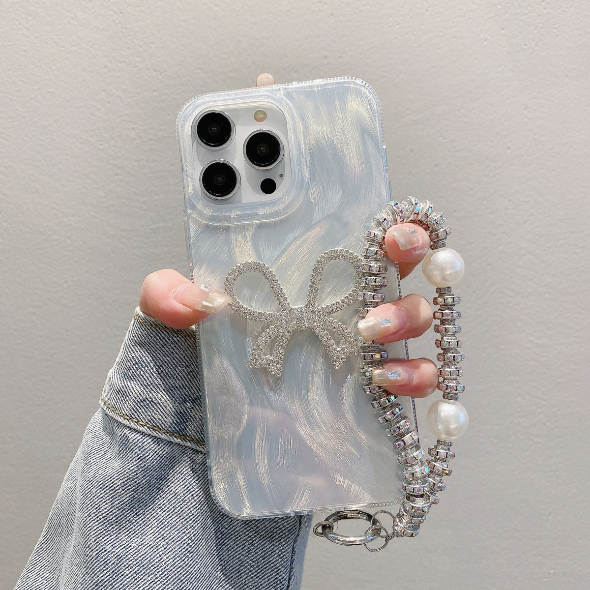 Cas de téléphone à chaîne en fils de plumes de luxe Bow