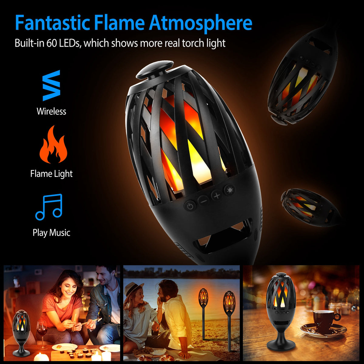 1Pc LED haut-parleurs de flamme Torche sans fil Haut-parleur étanche Stereo Bass Speaker Outdoor Light