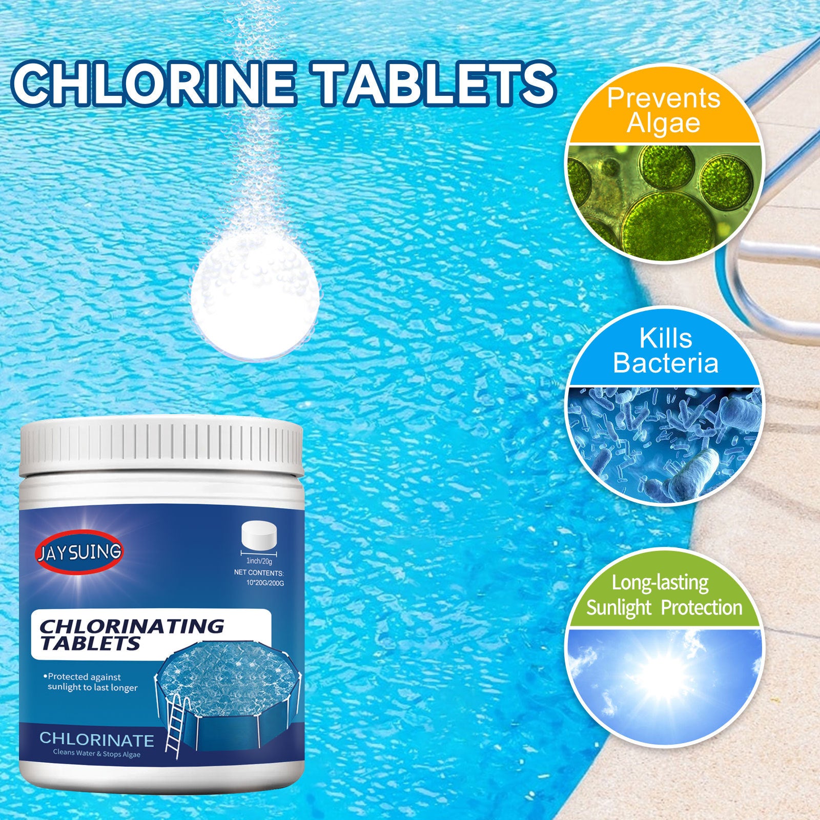 Comprimés effervescents de piscine multifonctionnels doux et facilement solubles
