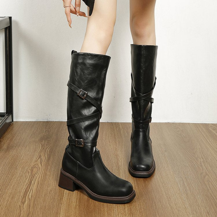 La plate-forme pour femmes Cross Buckle Knee-High Bottes