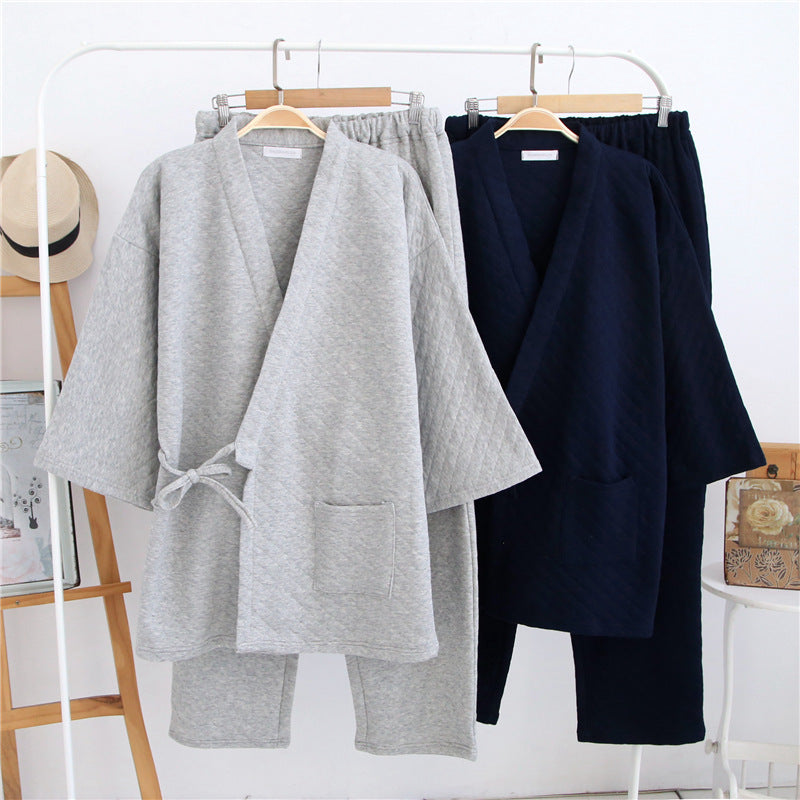 Autumn Hiver Hommes Style Japonais Pure Cotton Air-Layer Loungewear Set