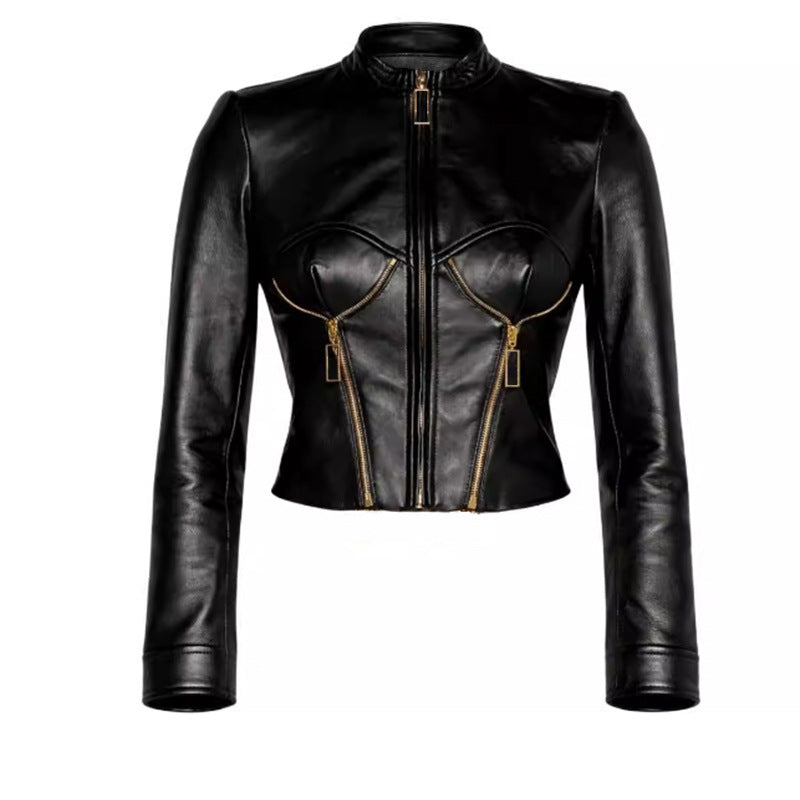 Veste robuste en cuir PU de style Moto avec un collier et un front zippé