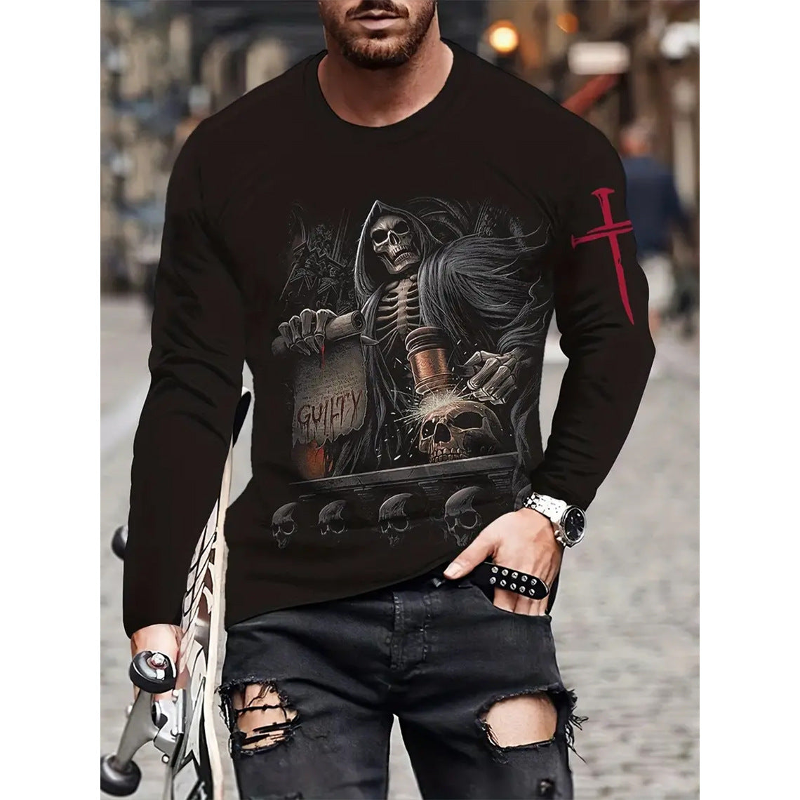 T-shirt retro homme 3D Imprimé Street Hip-hop Col rond Col rond Manches longues