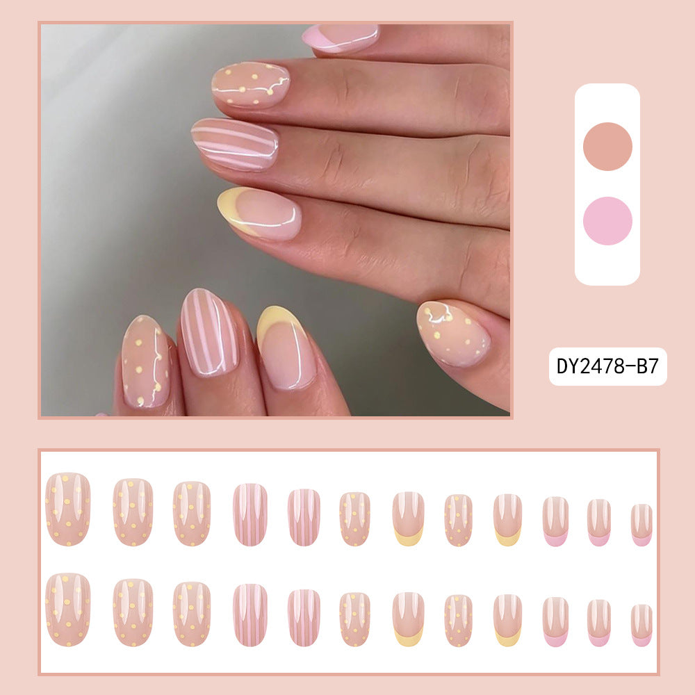 Stickers 24 Pièces de Short Almond en forme de Nail Acrylique Portable avec Bords Jaunes et Fren