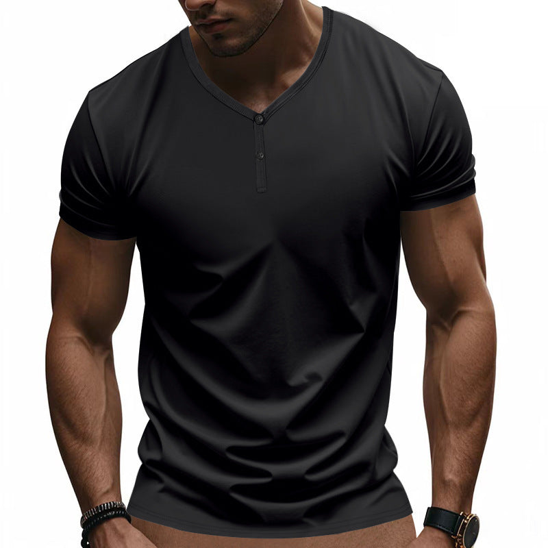 T-Shirt Henry-Neck Retro Loose Fit Stretchy Quick-Drying Breathable Short-Sleeved Summer S