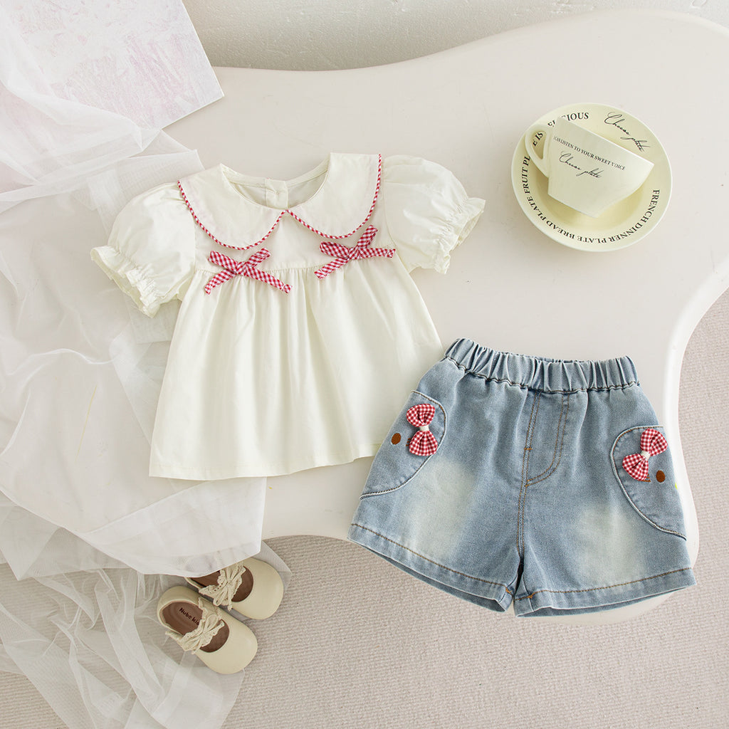 Chemise à poupée à nœuds d'eau Short en denim Ensemble en deux parties