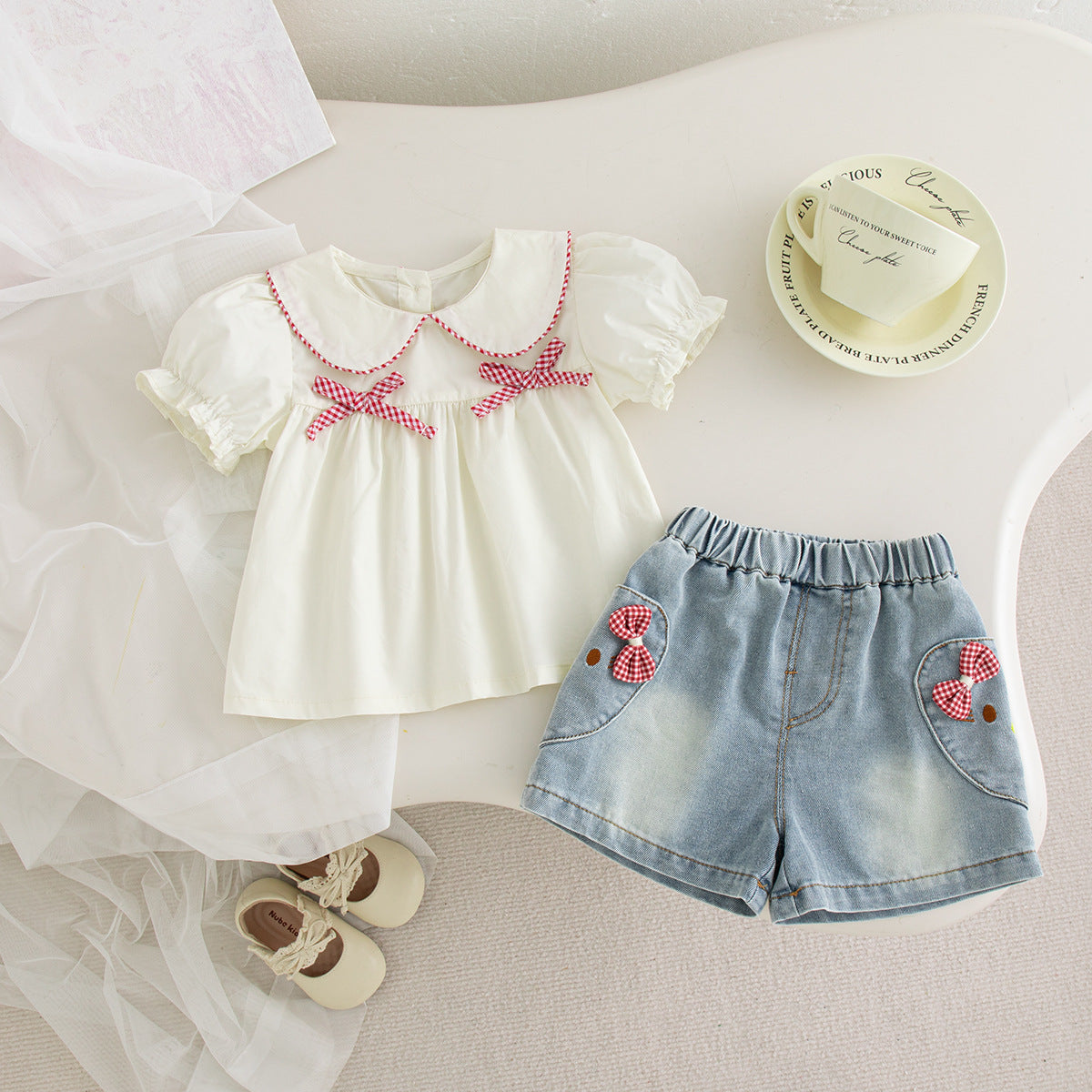 Chemise à poupée à nœuds d'eau Short en denim Ensemble en deux parties