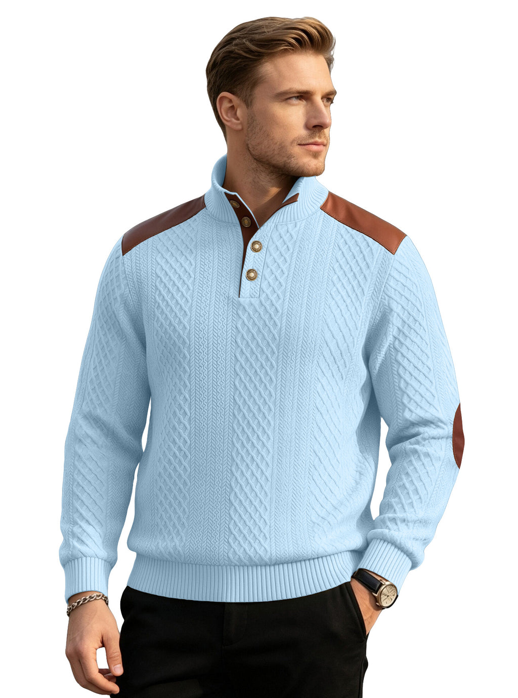 Texturé américain homme Jacquard Collared Knit Sweater avec épaule Patchwork Loose Long-