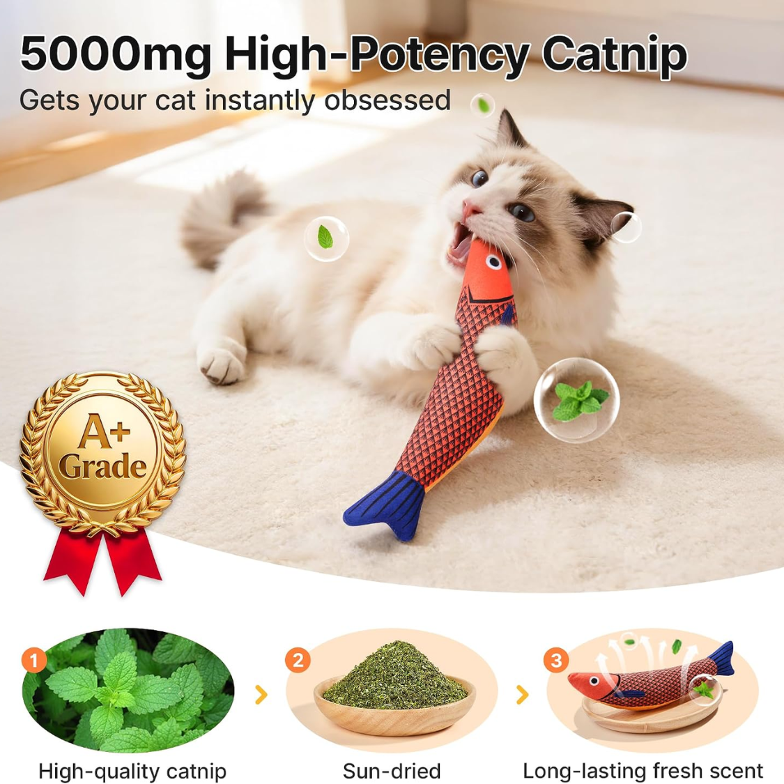 Jouet chat herbe à chat : 3 poissons à câliner et à mordiller