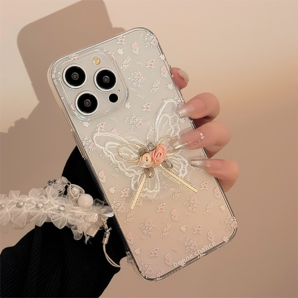 Aesthetic Embroidered Flower Phone Case with Transparent Lace Pendant