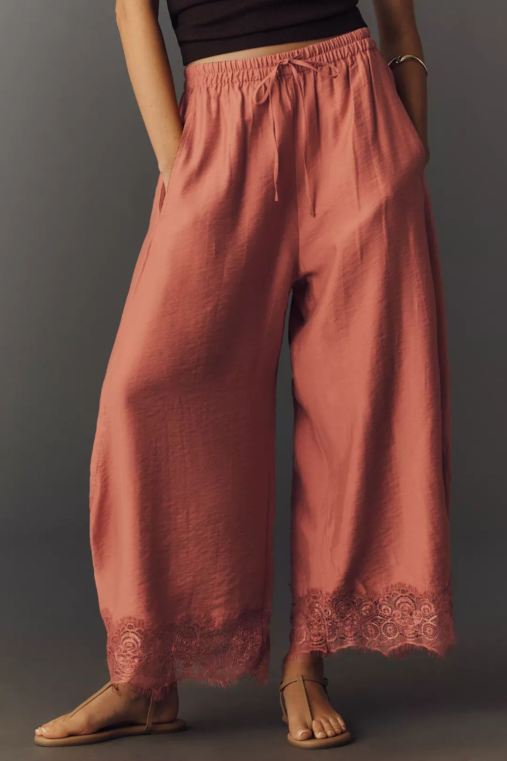 Women's Lace Paneled Wide-Leg Pants with a Burnt Hem