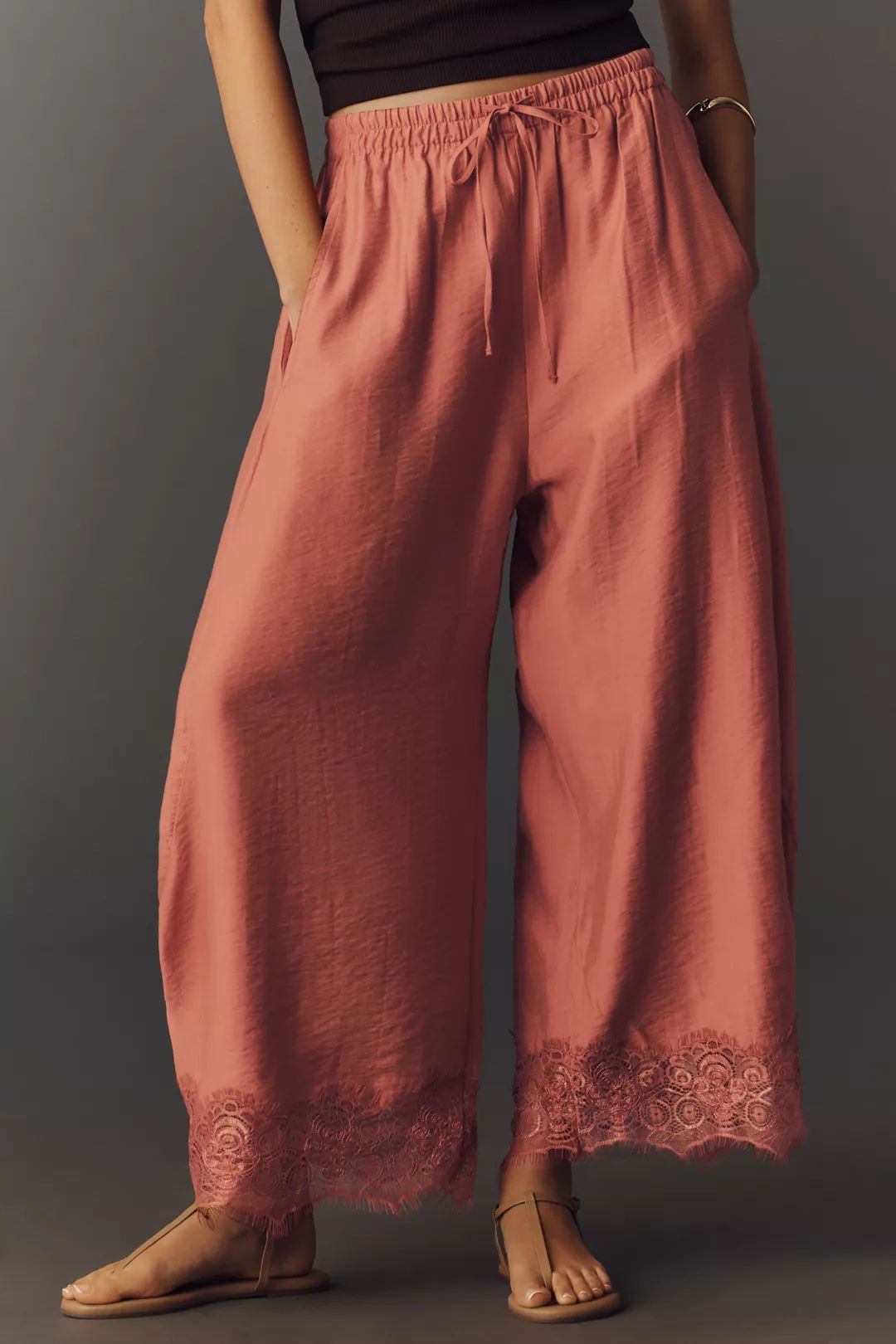 Women's Lace Paneled Wide-Leg Pants with a Burnt Hem