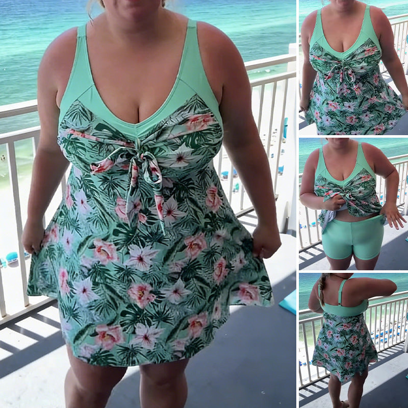 Bikini à deux pièces taille Boxer de style jupe imprimé Plus
