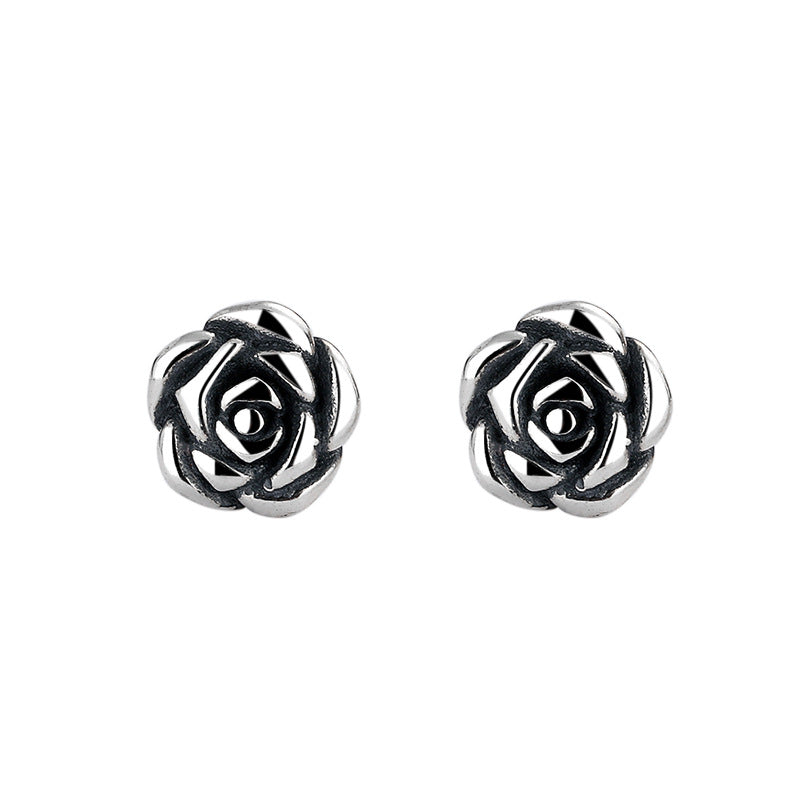 S925 Boucles d'oreilles Sterling Silver Vintage-Style Antique-Rose Flower Sterling