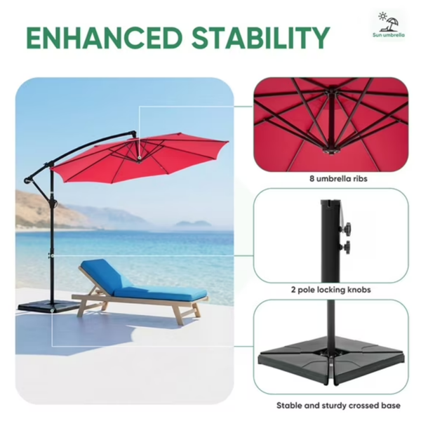 Parapluie extérieur de patio suspendu de 10 pieds avec support de base roté et tilt
