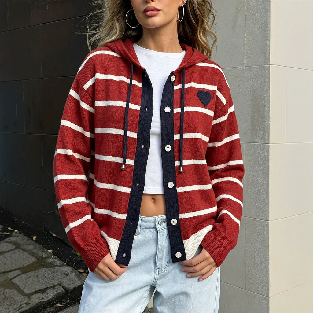 Les femmes tricotées Cardigan avec capot et cordon drawstring Casual et polyvalent