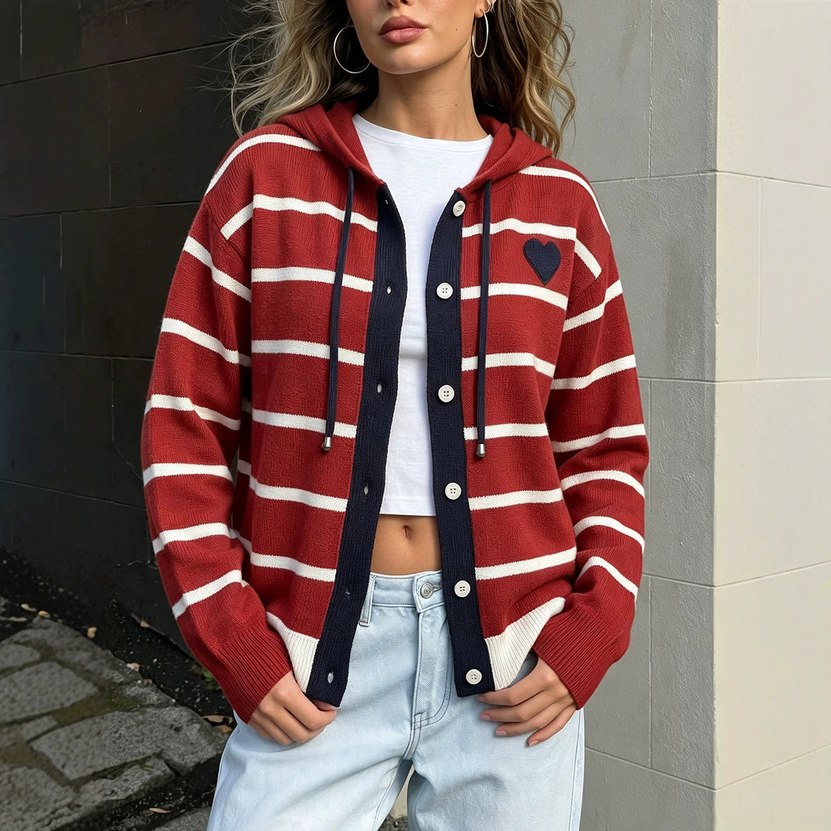Les femmes tricotées Cardigan avec capot et cordon drawstring Casual et polyvalent