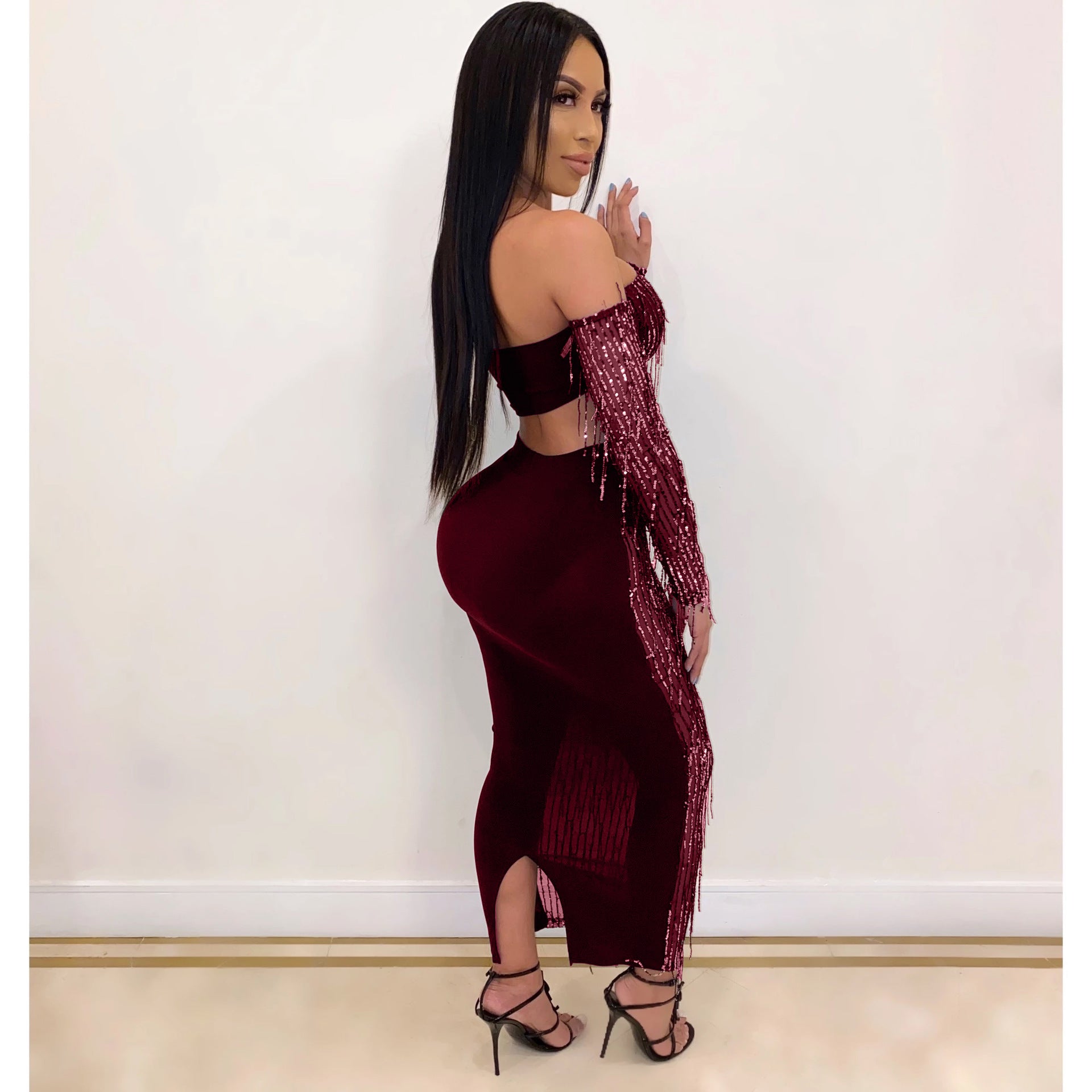 Mode Sexy See-through Mesh Sequins Tassel Ensemble deux pièces