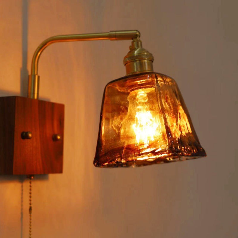 Lampe de lit en noyer mural à chaîne de perles rétro