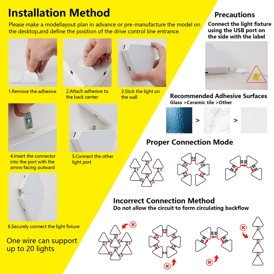 Panneaux lumineux triangulaires de 20 paquets - Smart RGB LED Lights with App & Remote - Music Sync