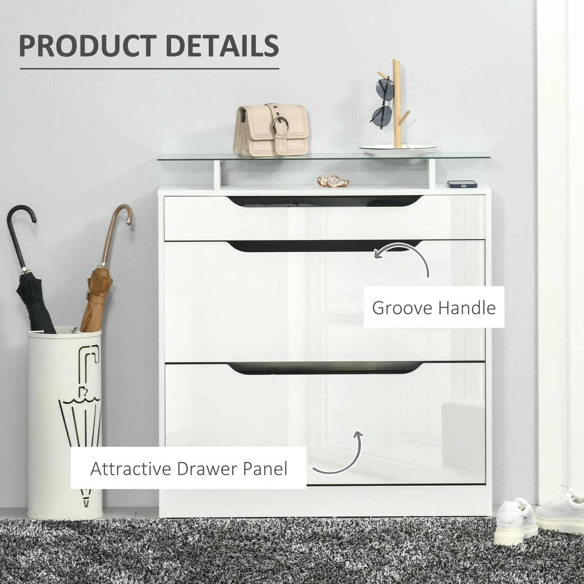 Armoire à chaussures brillantes avec 2 tiroirs et étagères réglables