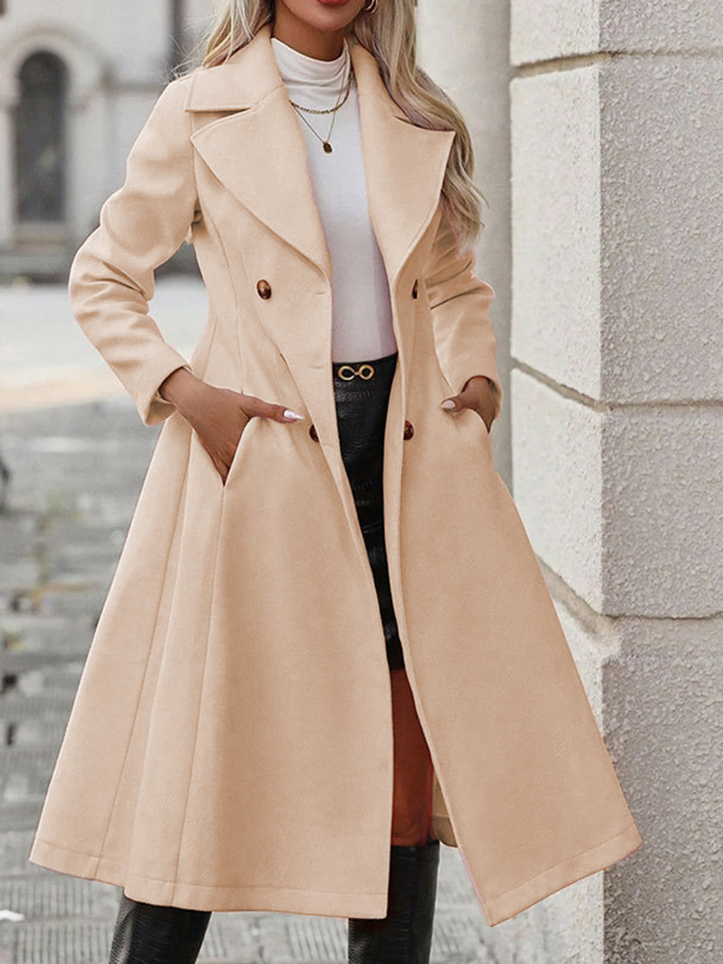 Femmes Lapel de couleur unie Casual Double-breasted Long Trench Coat
