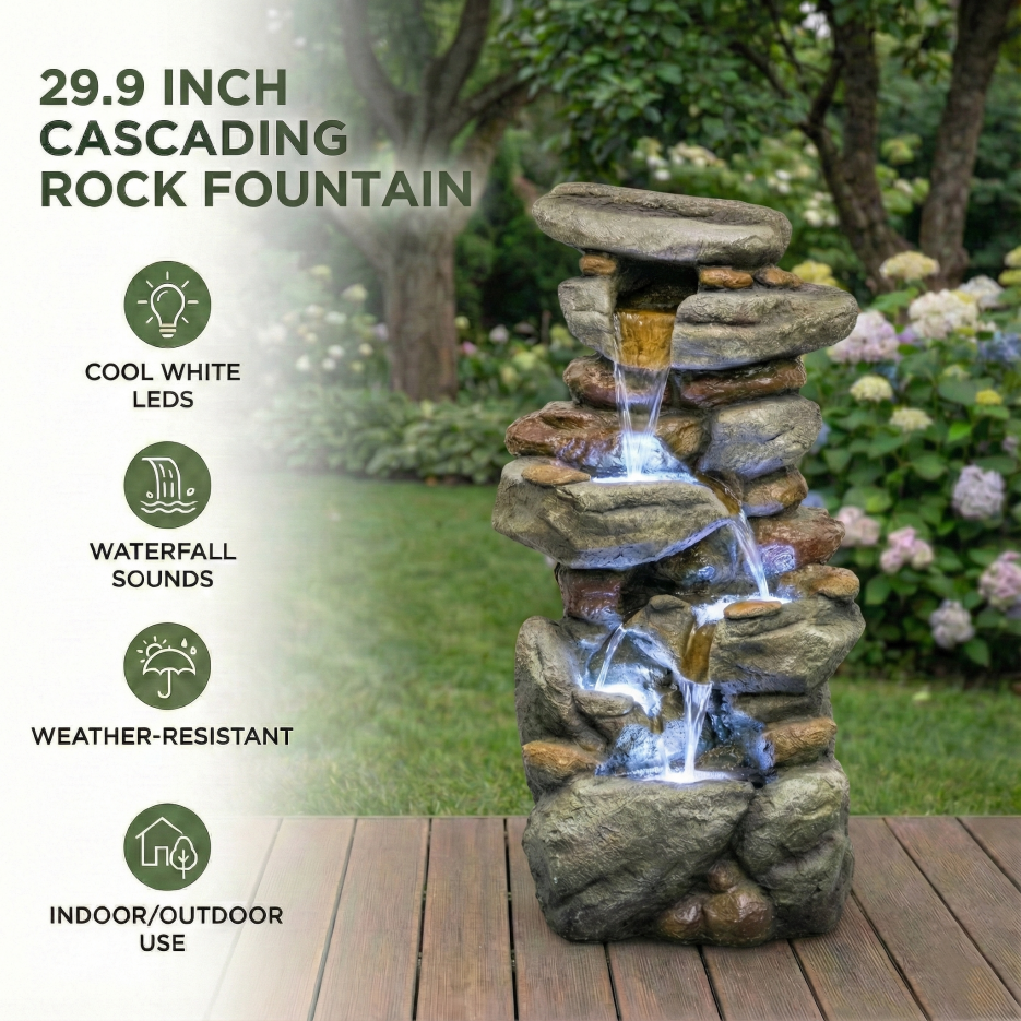 Fontaine d'eau extérieure Grande - Fontaines en pierre avec lumière LED pour jardin Patio Yard Backya