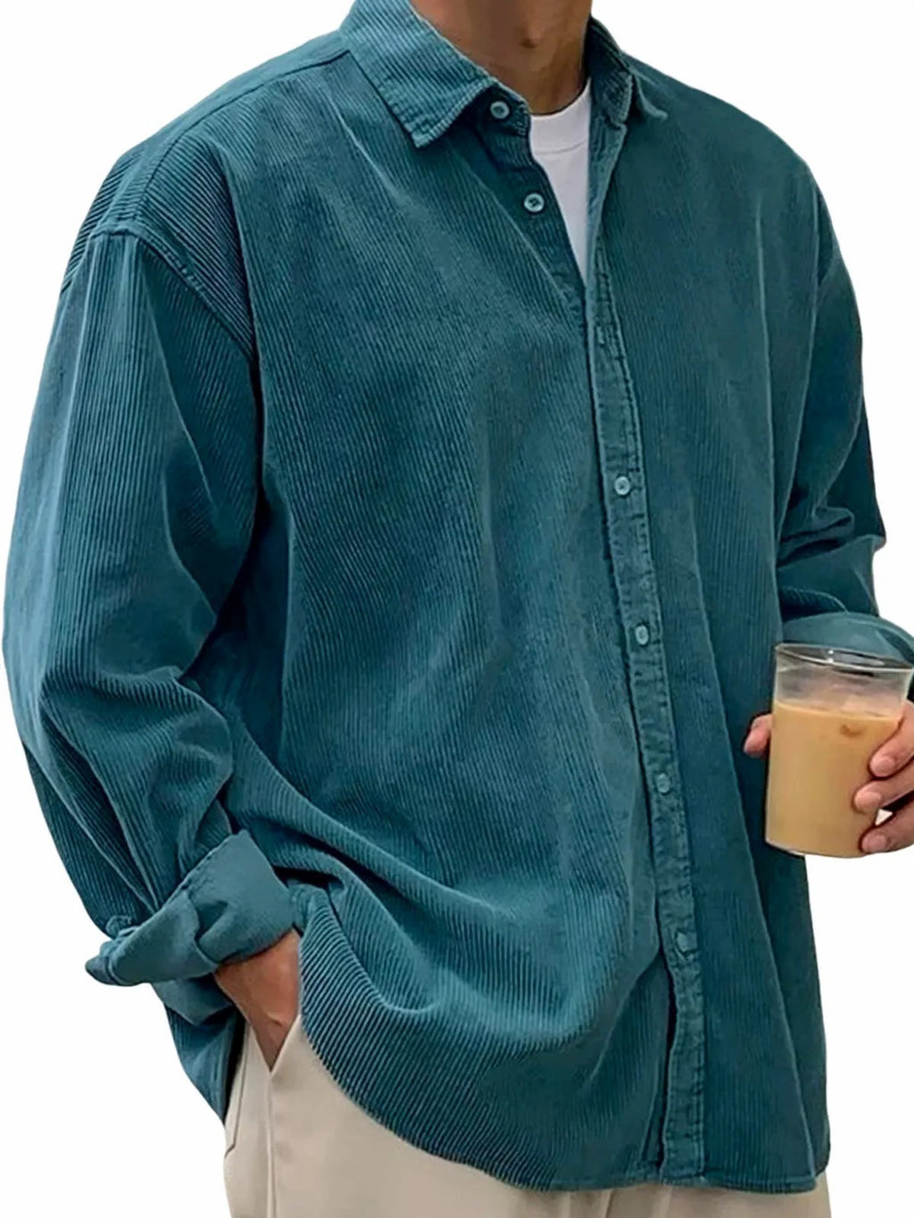 European And American Men's Casual Loose Solid Color Corduroy Lapel Shirt Indépendant Site