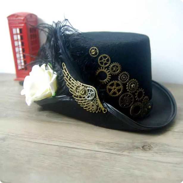 Chapeau de balle Steampunk rétro avec plumes ailées