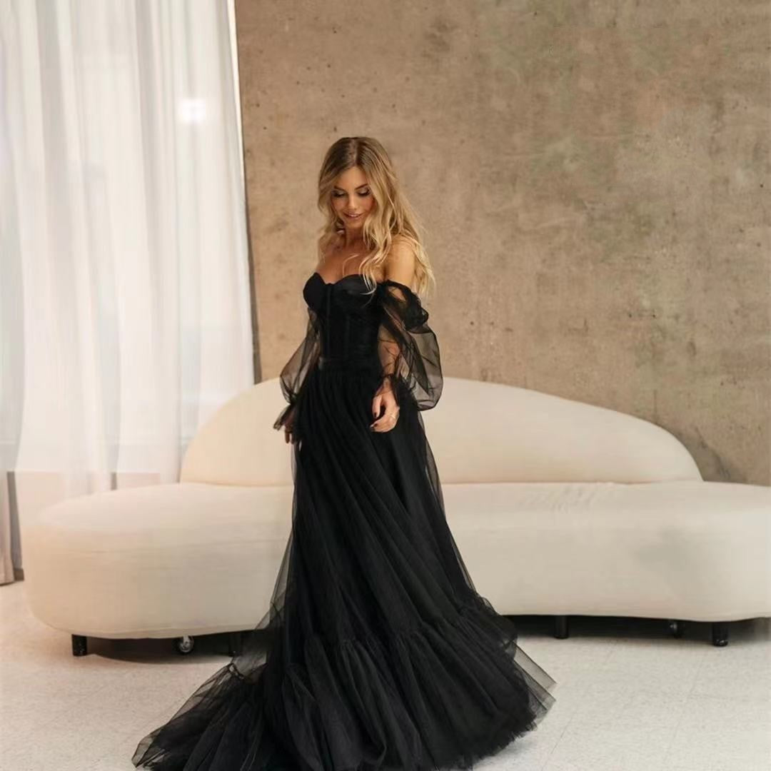 Robe de mariée noire en dentelle transparente manches longues pour femme