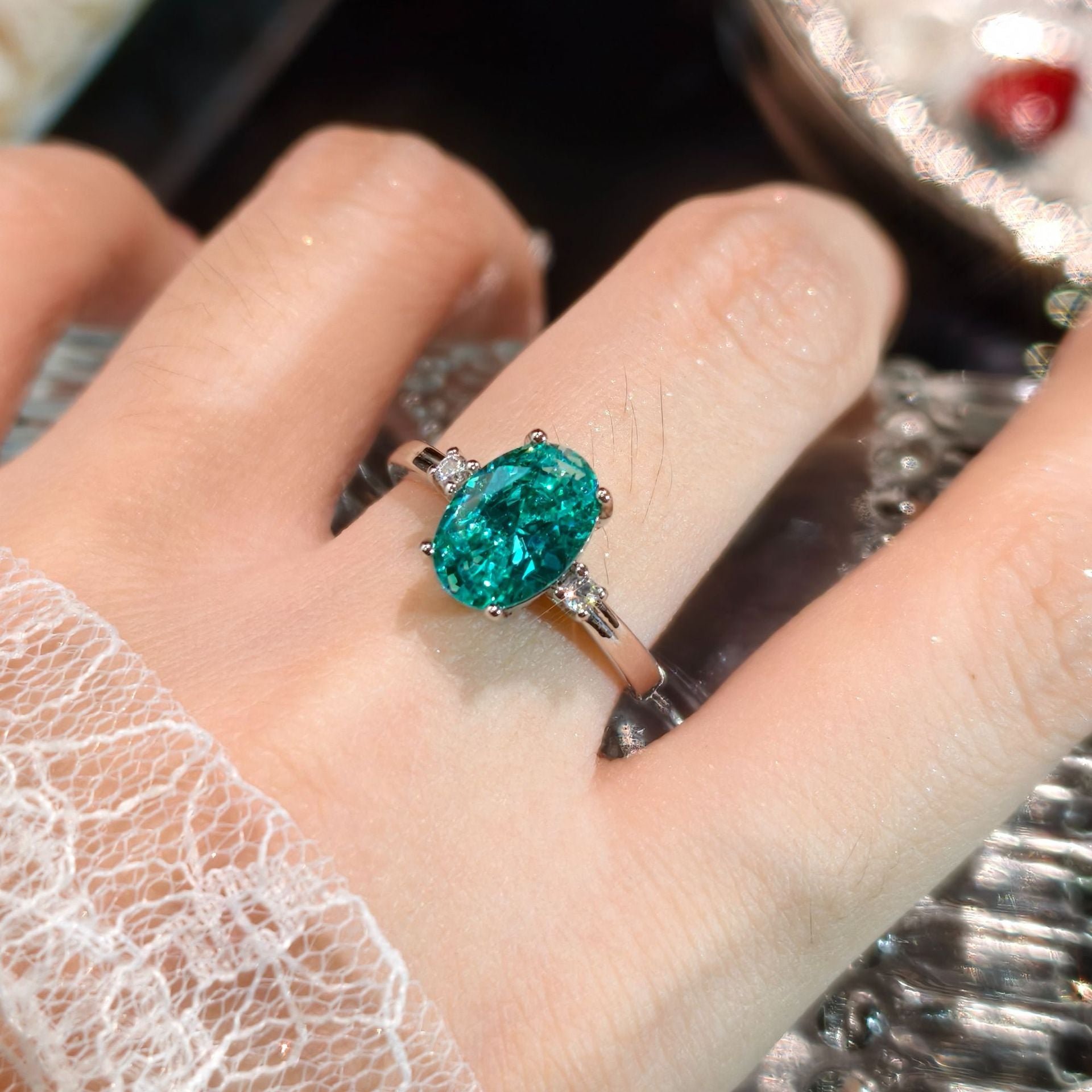 Para Green Ice Flower Cut Sparkling Crushed Ice Zircon Proposition Anneau ouvert pour les femmes Fashio