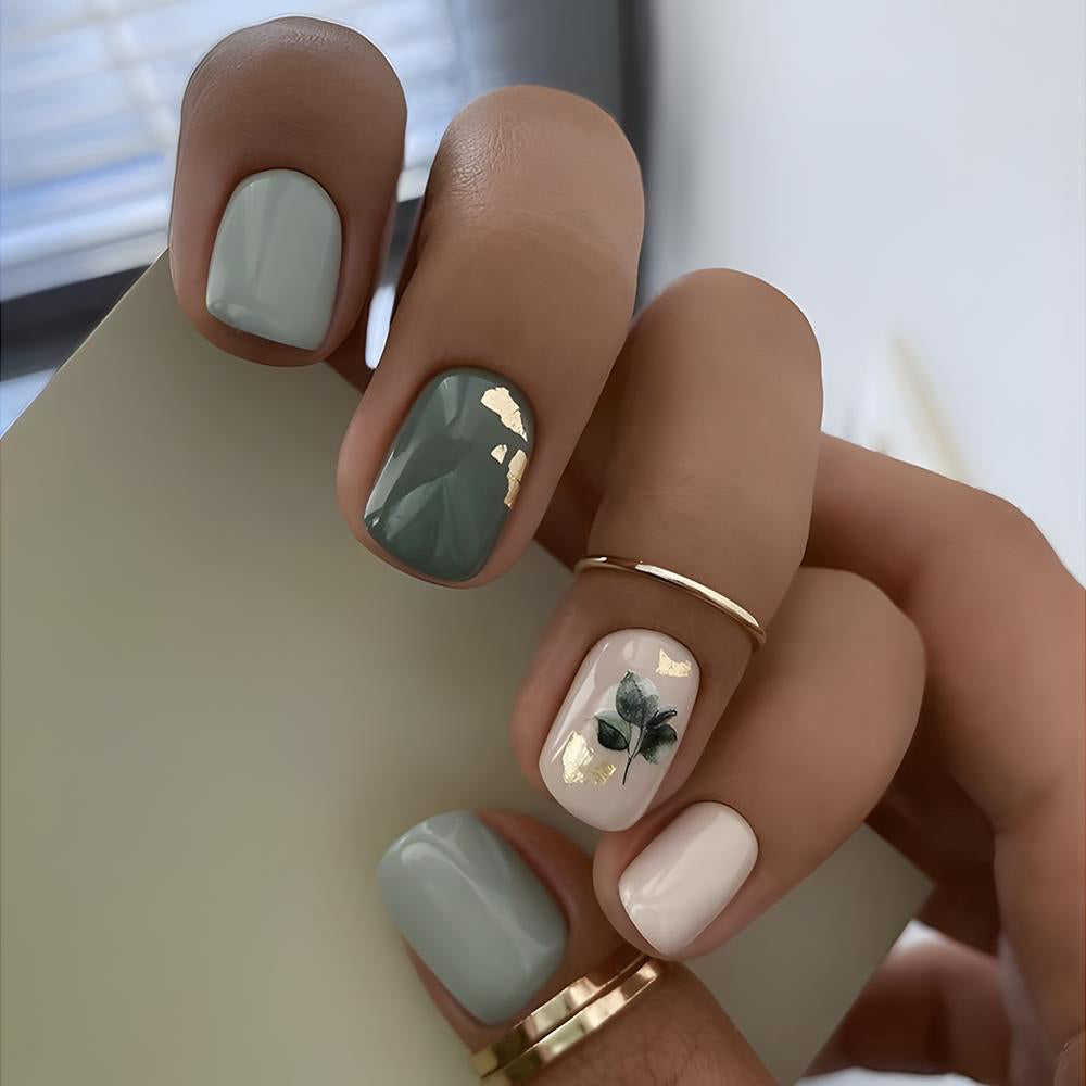 Sets d'ongles de conception de feuille verte minimaliste carré 24 pièces pour la fête et la danse