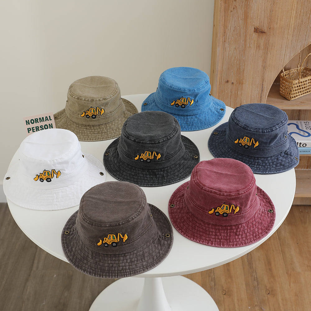 Chapeau à franges pour mini-excavateur brodé de dessin animé pour enfants avec corde et bord réglable