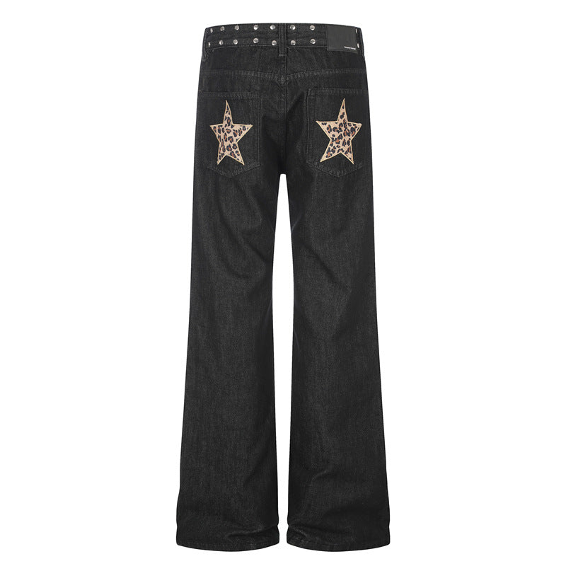 Retro Studded Leopard-print Patch Flared Jeans