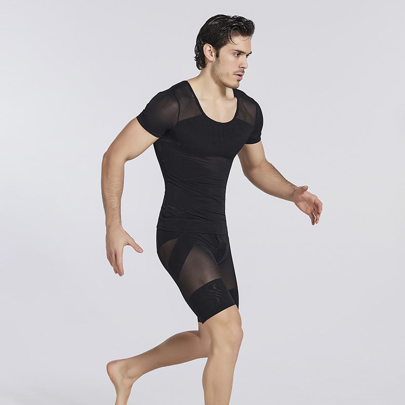 Amazon European and American Men's Shaper Cross Abdominal Shaped Invisible Tunic Short Sle