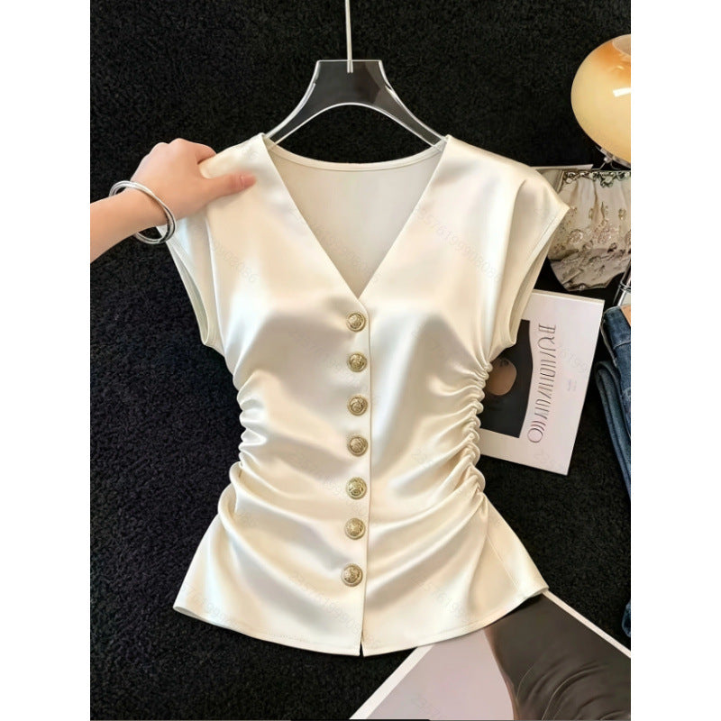 Chemise à plis satiné en V-col de couleur solide pour femmes