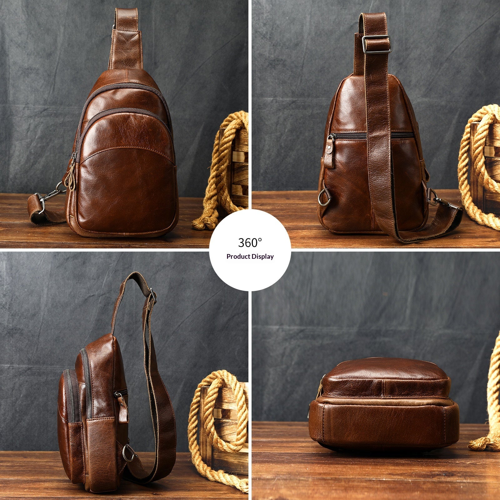 Homme Épaule plein-grain Casual Minimalist sac poitrine Grande capacité Cuir véritable