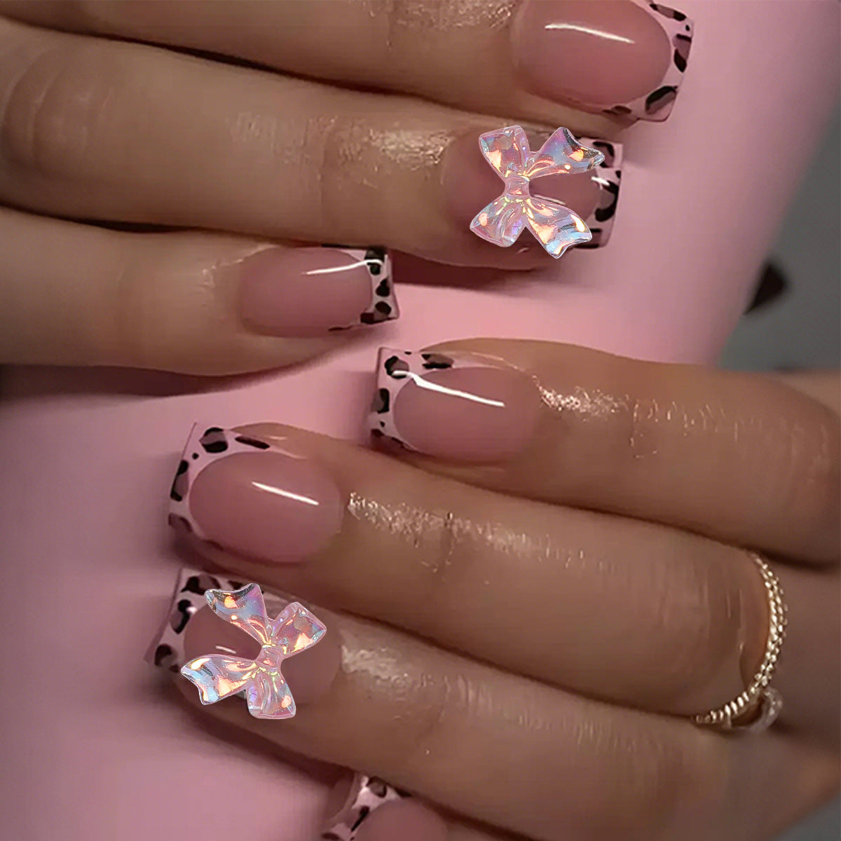 Portable courte Leopard-print Contraste couleur Bow Fake Nails Tip-style