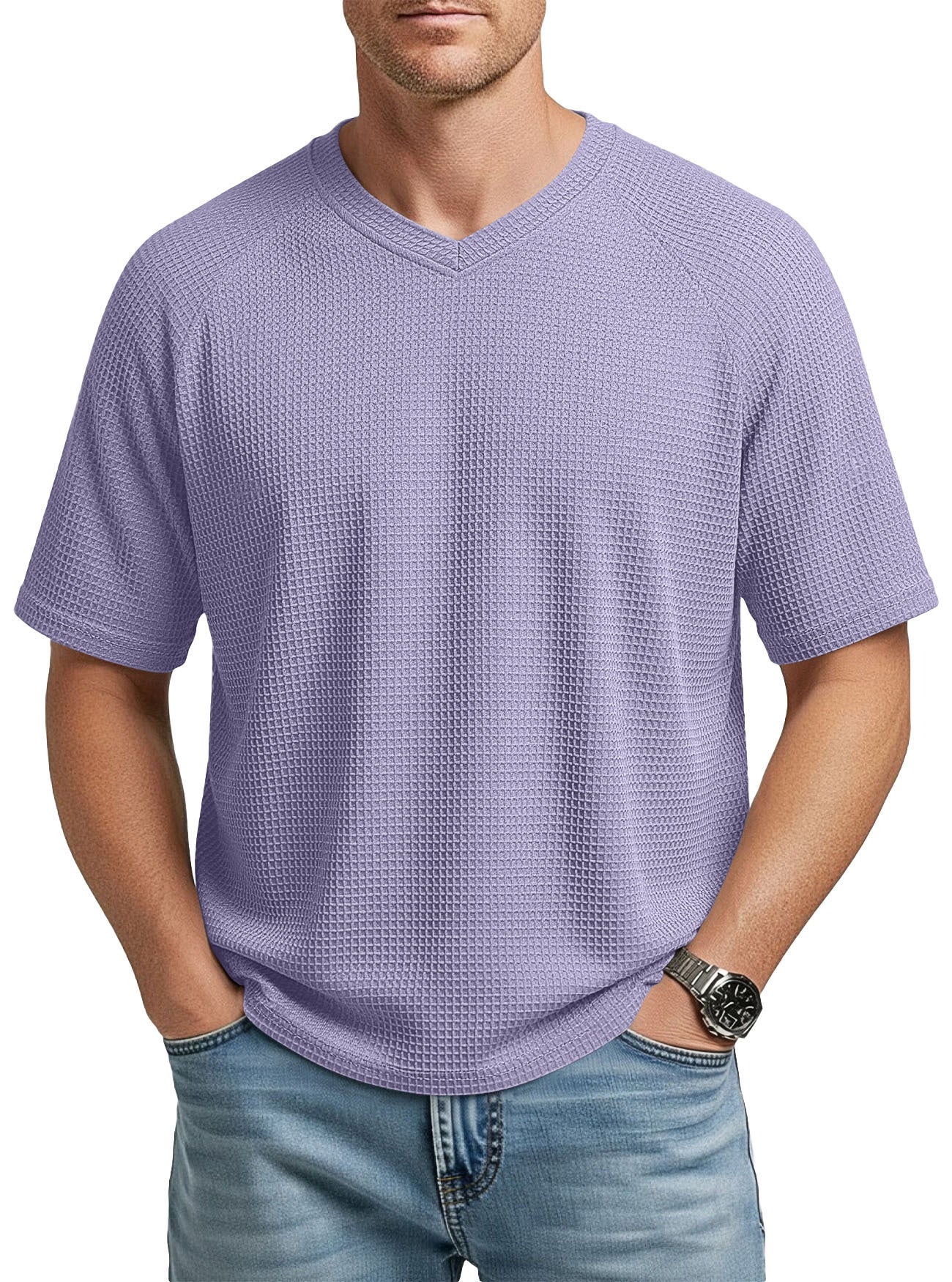 T-Shirt en tricot à manches courtes Raglan col V pour hommes