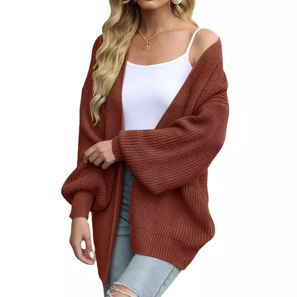 Lanterne à manches féminines Chunky-knit Cardigan Sweater Coat
