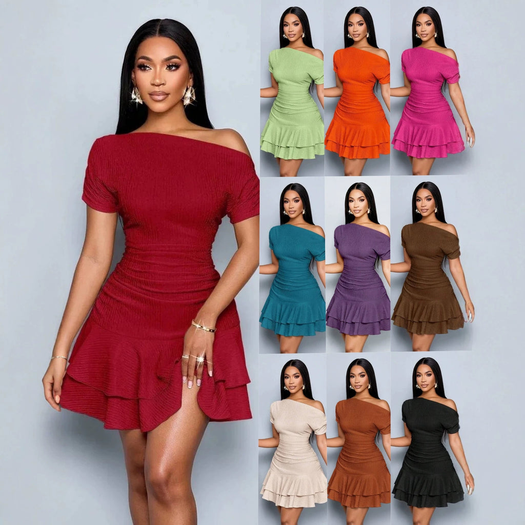 Solid Color Summer Off-the-Shoulder Slim Fit Ruffle Hem Dress