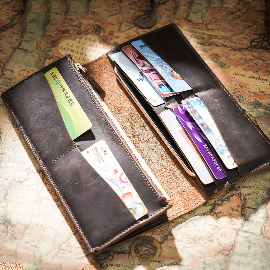 Retro Crazy Horse Leather Long Wallet Hommes Véritable Leather Business