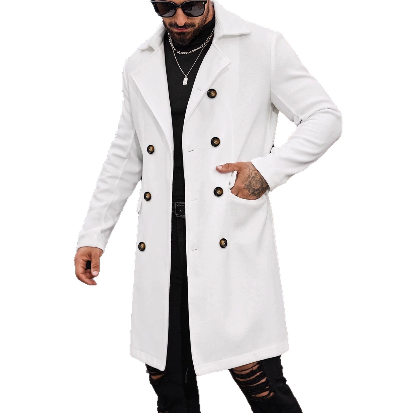 Manteau de tranchée de longueur moyenne en laine pour hommes