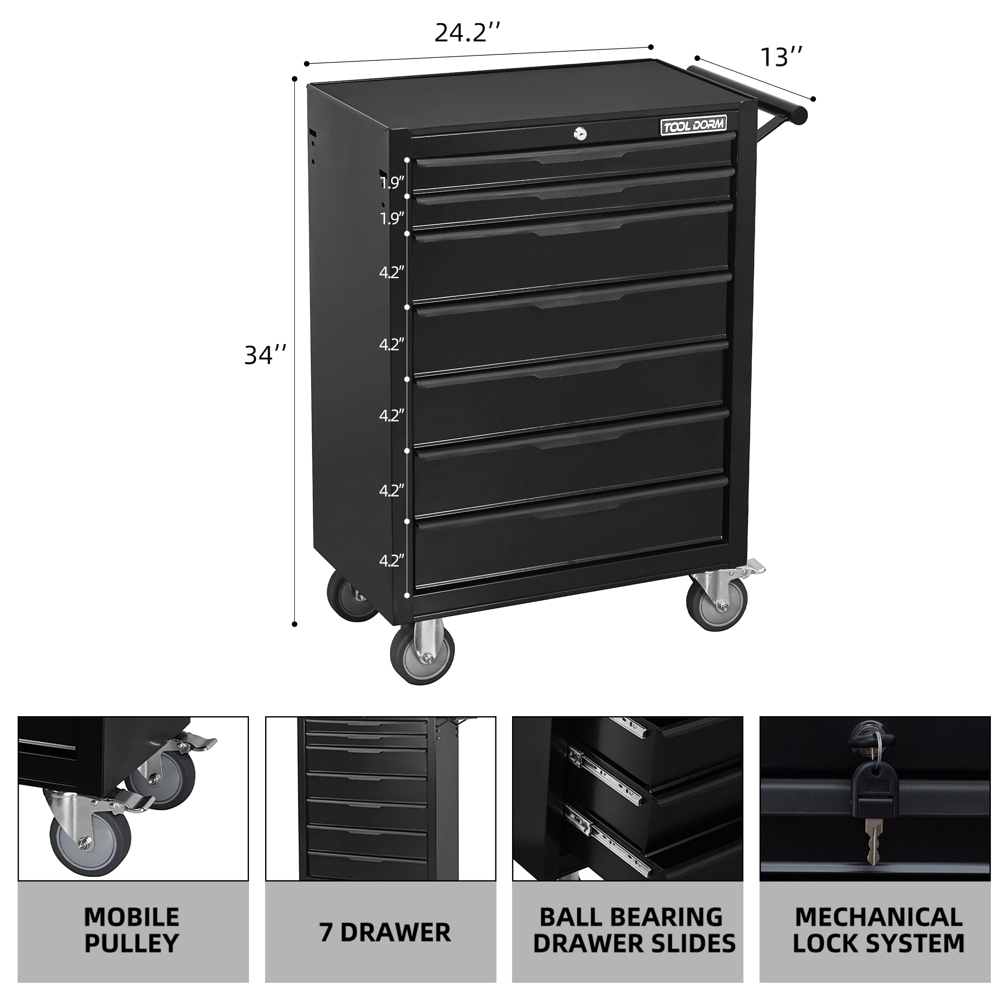 Tool Armoire Panier d'outils 24.2 pouces avec tiroirs et roues en métal Rolling Tool Box