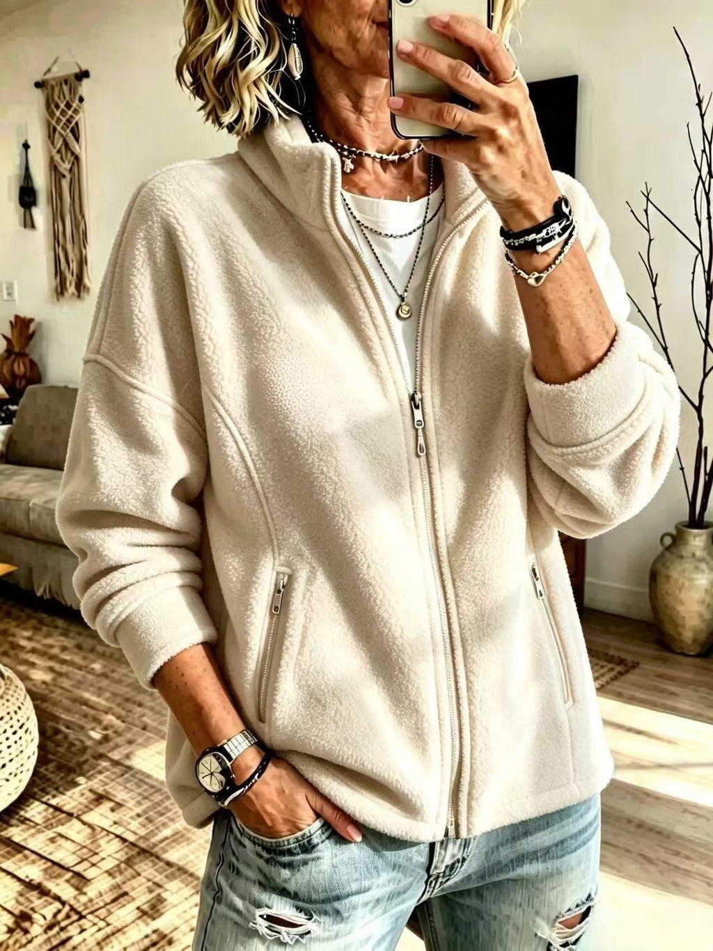 En stock European and American Autumn And Winter Stand-up Collier Full-zip Fleece Anti-thef