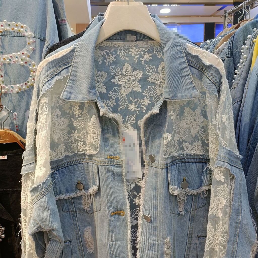 Veste de denim mode polyvalente en mesh brodée