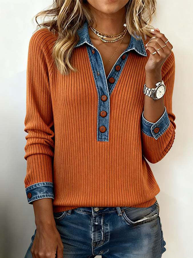 Denim Collar manches longues Pullover Patchwork Knitwear Top