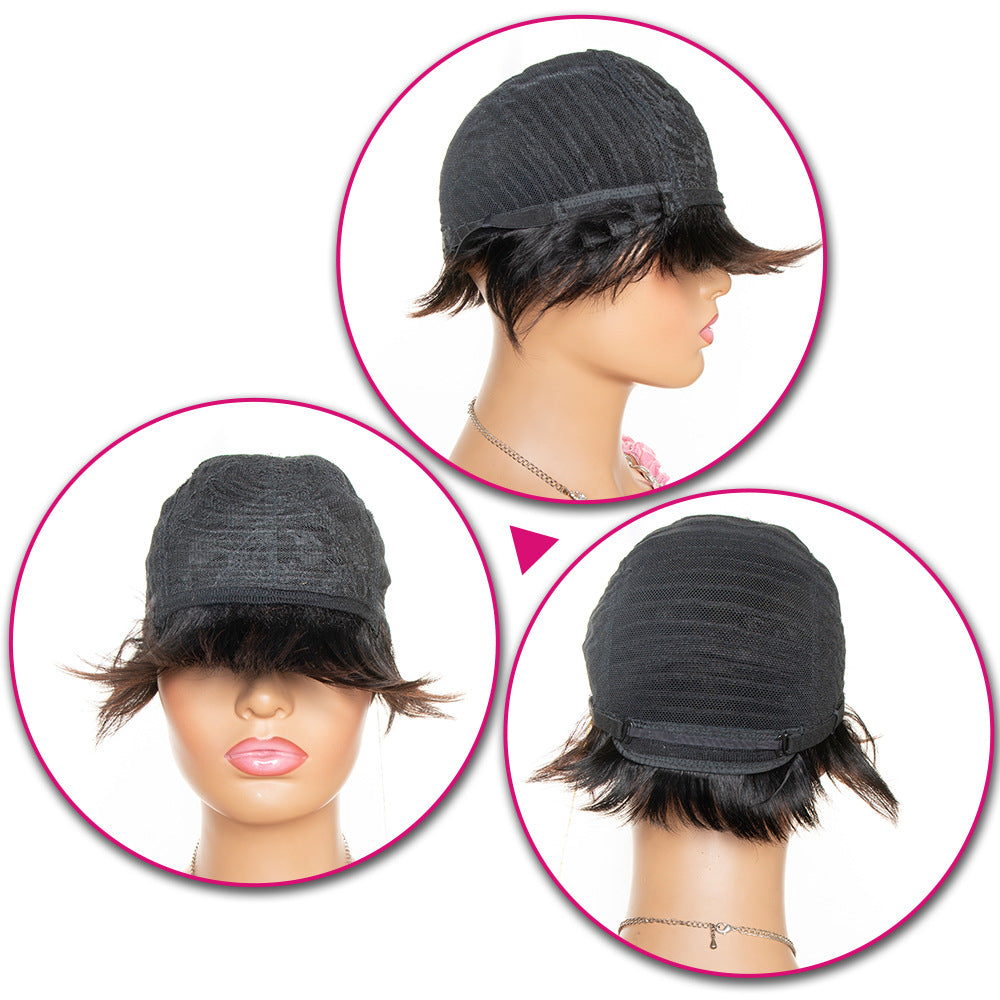 Perruque courte Pixie coupe de cheveux humains avec bang