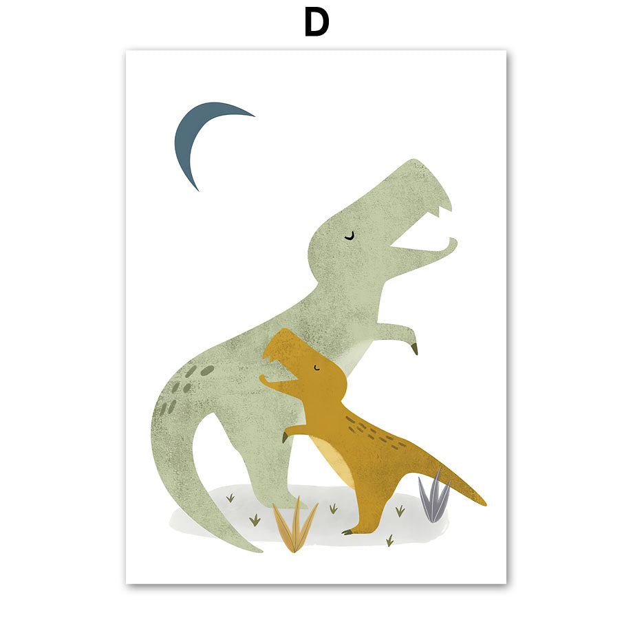 Cute Cartoon Dinosaur Palm Tree Mountain Sun Affiche scandinave et papier toile d'art murale